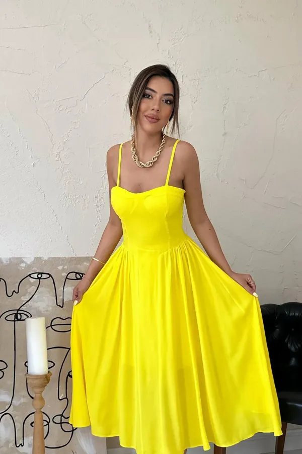 Toptan Sarı Göğüs Kuplu Uzun Büzgülü Elbise