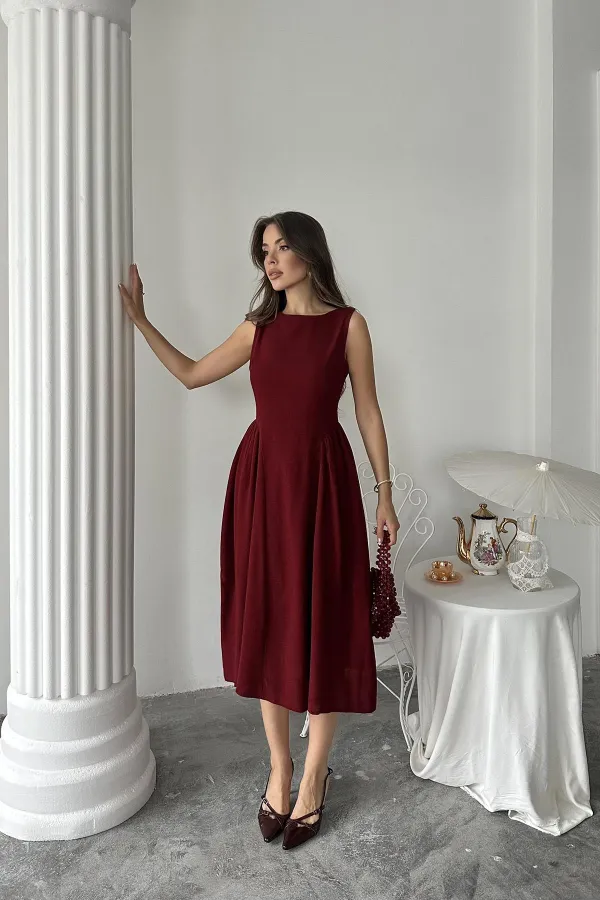 Toptan Bordo Yanları Büzgülü Midi Boy Keten Elbise