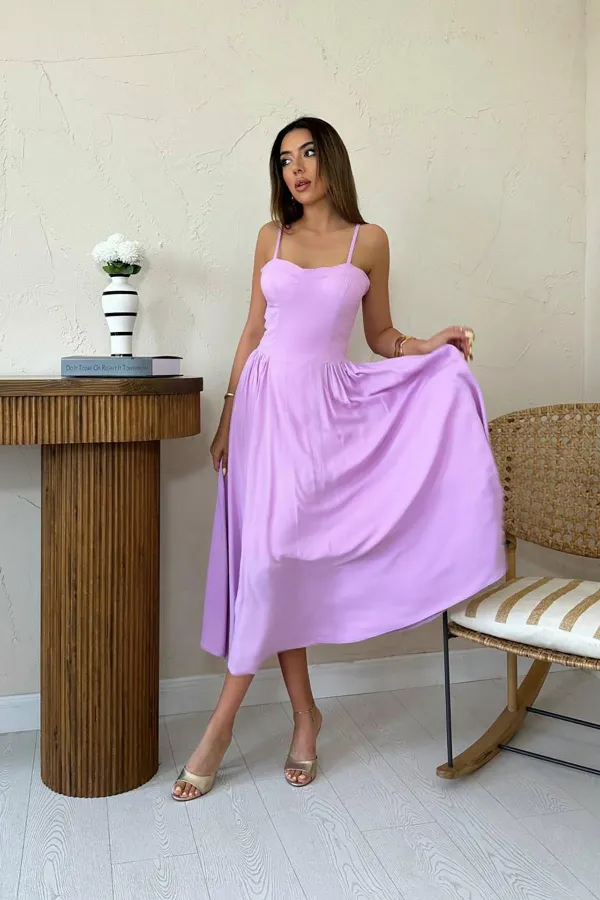 Wholesale Lilac Chest Cup Long Gathered Dress