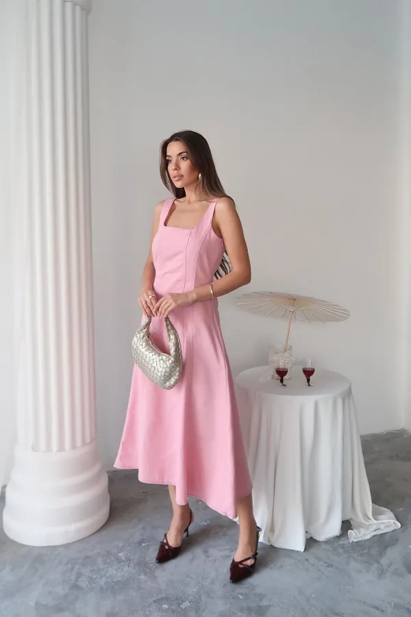 Toptan Pembe Çift Dikişli Gabardin Elbise