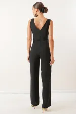 One Shoulder Metal Accessory Double Breasted Crepe Jumpsuit