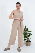 Wholesale Mink Jumpsuit with Back Zipper and Waist Belt