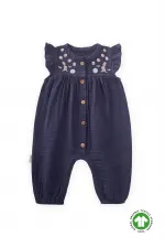 Salopette en mousseline brodée bio 0-3 ans, bleu marine