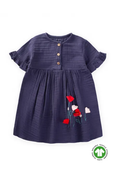 Organik Çiçek Nakışlı Elbise 1-6 Yaş Lacivert Organik Çiçek Nakışlı Elbise 1-6 Yaş Lacivert