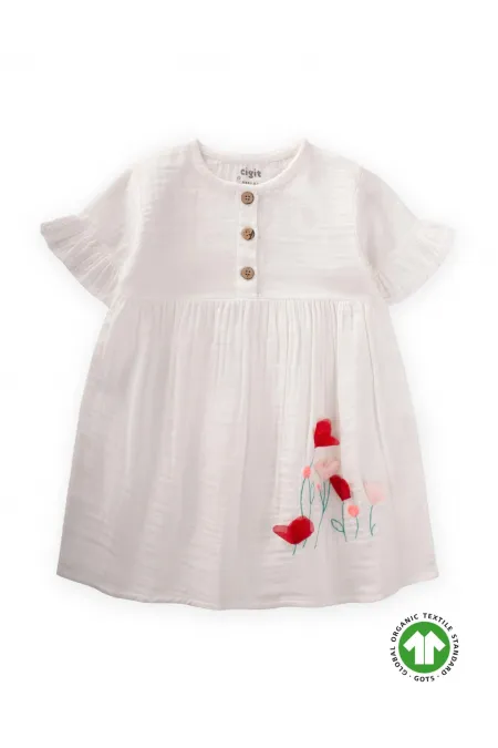 Organik Çiçek Nakışlı Elbise 1-6 Yaş Ekru Organik Çiçek Nakışlı Elbise 1-6 Yaş Ekru