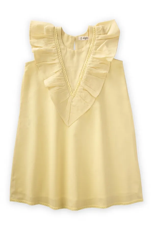 Robe à ourlet et dos en dentelle, jaune, 2-7 ans