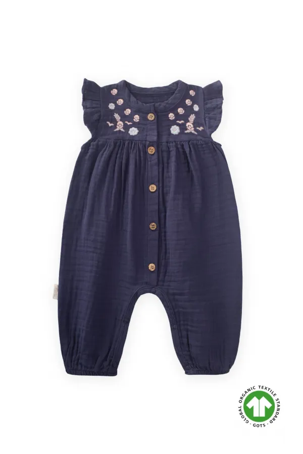 Salopette en mousseline brodée bio 0-3 ans, bleu marine