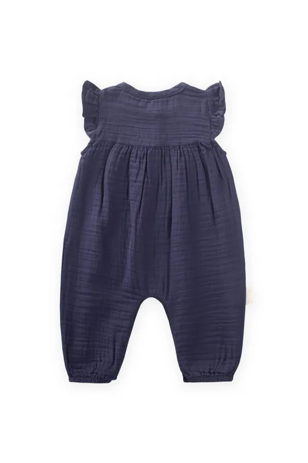Salopette en mousseline brodée bio 0-3 ans, bleu marine