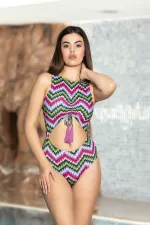 Women's Pink Backless Tassel Rope Detailed Lined Swim Swimsuit HZL24S-AR1837