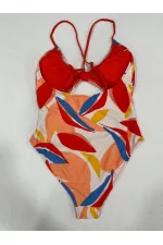 Women's Multicolored Tropical Patterned Lined Swimsuit HZL25S-AR1824