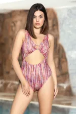 Women's Orange Ring Detailed Chest Strap Minimizer Lined Swimsuit HZL24S-AR1836