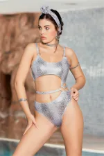 Women's Silver Leather Look Ring Detail Swimsuit HZL24S-AR1928