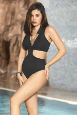 Women's Black V-Neck Accessory Detailed Fixed Strap Triangle Swim Swimsuit HZL24S-AR1842