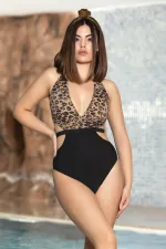 Women's Black Leopard Print Halter Neck Backless Lined Swim Swimsuit HZL24S-AR1851