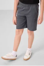 Tommylife Toptan Pamuklu Oversize Fit Dokuma Hafif Esnek Chino Erkek Çocuk Şort Takım 11277 Siyah-Gri