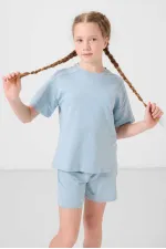 Tommylife Toptan Pamuklu Yumuşak Dokulu Standart Fit Basic Kız Çocuk Şort Takım 75184 Açık Mavi
