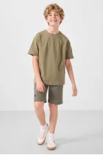 Tommylife Toptan Pamuklu Oversize Fit Dokuma Hafif Esnek Chino Erkek Çocuk Şort Takım 11277 Koyu Bej-Camel