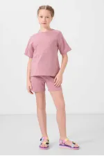 Tommylife Toptan Pamuklu Yumuşak Dokulu Standart Fit Basic Kız Çocuk Şort Takım 75184 Gül Kurusu
