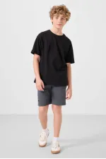 Tommylife Toptan Pamuklu Oversize Fit Dokuma Hafif Esnek Chino Erkek Çocuk Şort Takım 11277 Siyah-Gri