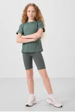 Tommylife Toptan Pamuklu Kısa Paça Standart Fit Basic Kız Çocuk Tayt 75188 Haki