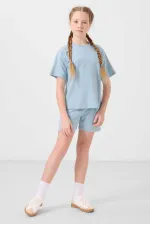 Tommylife Toptan Pamuklu Yumuşak Dokulu Standart Fit Basic Kız Çocuk Şort Takım 75184 Açık Mavi