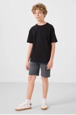 Tommylife Toptan Pamuklu Oversize Fit Dokuma Hafif Esnek Chino Erkek Çocuk Şort Takım 11277 Siyah-Gri