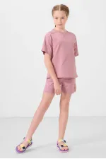 Tommylife Toptan Pamuklu Yumuşak Dokulu Standart Fit Basic Kız Çocuk Şort Takım 75184 Gül Kurusu