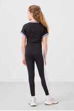 Tommylife Toptan O Yaka Yan Şerit Detaylı Standart Fit Performans Kız Çocuk Tayt Takım 75191 Siyah