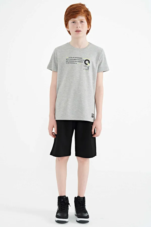 Tommylife Toptan O Yaka Standart Kalıp Baskılı Erkek Çocuk T-Shirt 11145 Gri Melanj