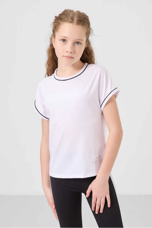 Tommylife Toptan O Yaka Yan Şerit Detaylı Standart Fit Performans Kız Çocuk Tayt Takım 75191 Beyaz Siyah