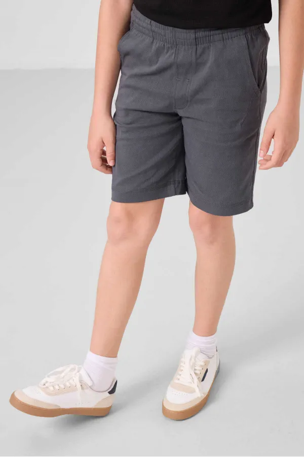 Tommylife Toptan Pamuklu Oversize Fit Dokuma Hafif Esnek Chino Erkek Çocuk Şort Takım 11277 Siyah-Gri