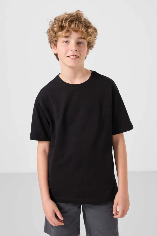 Tommylife Toptan Pamuklu Oversize Fit Dokuma Hafif Esnek Chino Erkek Çocuk Şort Takım 11277 Siyah-Gri