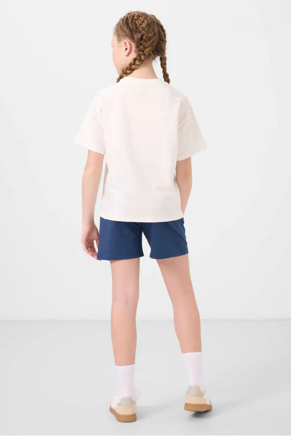 Tommylife Toptan Pamuklu Yumuşak Dokulu Standart Fit Basic Kız Çocuk Şort Takım 75184 Ekru Parlament