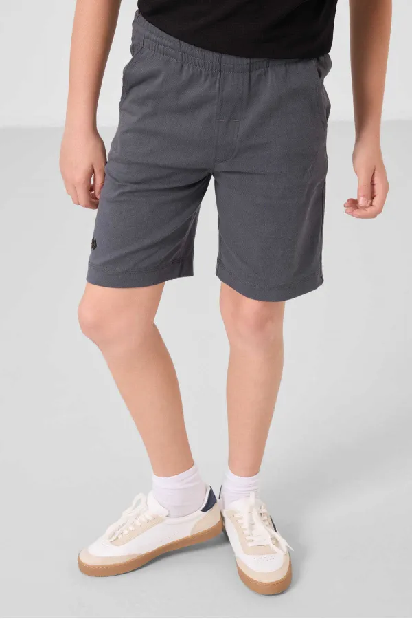 Tommylife Toptan Pamuklu Oversize Fit Dokuma Hafif Esnek Chino Erkek Çocuk Şort Takım 11277 Siyah-Gri