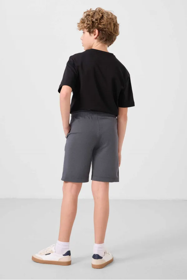 Tommylife Toptan Pamuklu Oversize Fit Dokuma Hafif Esnek Chino Erkek Çocuk Şort Takım 11277 Siyah-Gri
