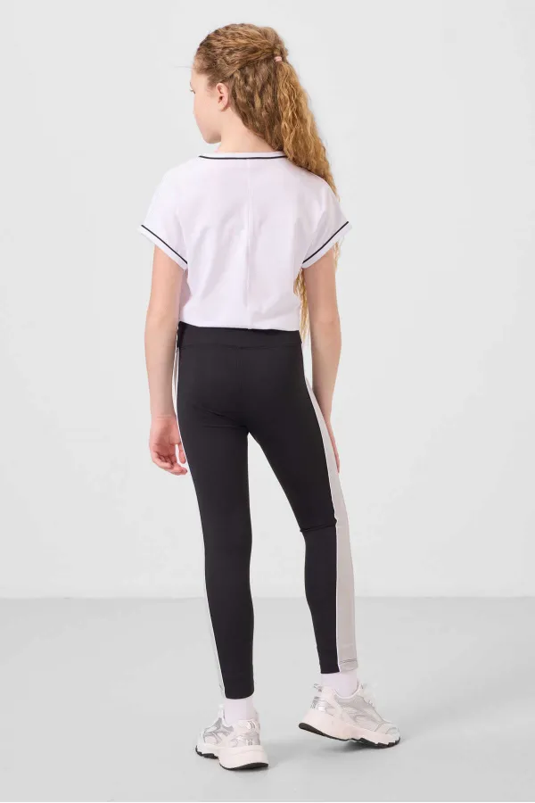 Tommylife Toptan O Yaka Yan Şerit Detaylı Standart Fit Performans Kız Çocuk Tayt Takım 75191 Beyaz Siyah