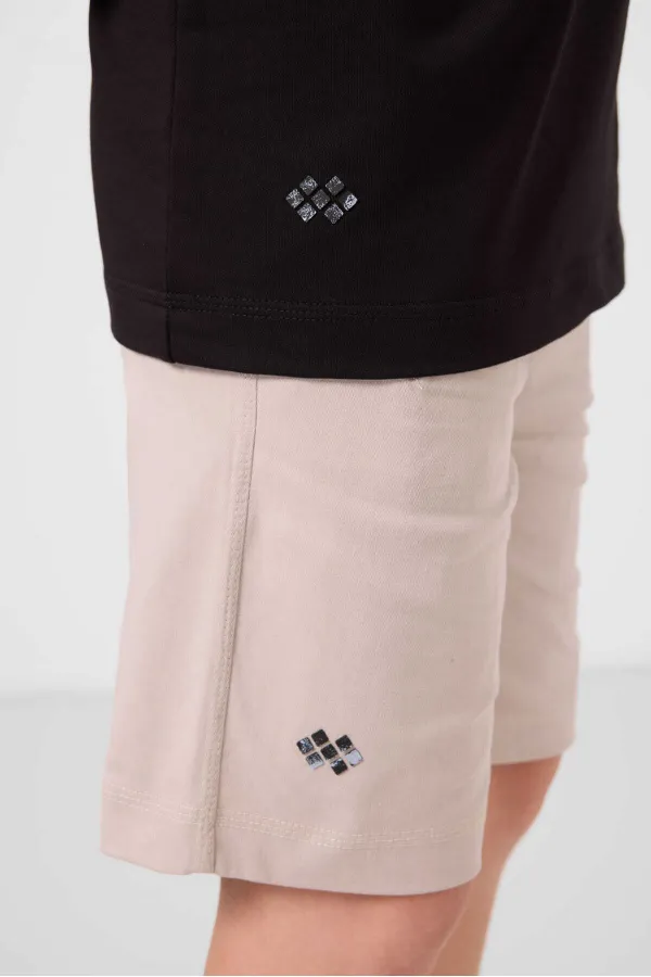 Tommylife Toptan Pamuklu Oversize Fit Dokuma Hafif Esnek Chino Erkek Çocuk Şort Takım 11277 Siyah-Taş