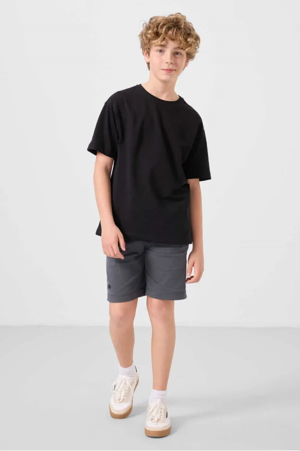 Tommylife Toptan Pamuklu Oversize Fit Dokuma Hafif Esnek Chino Erkek Çocuk Şort Takım 11277 Siyah-Gri
