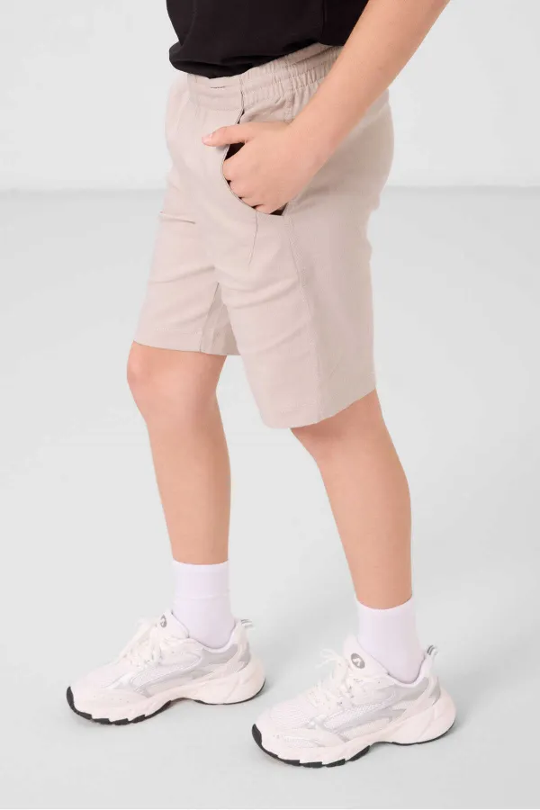 Tommylife Toptan Pamuklu Oversize Fit Dokuma Hafif Esnek Chino Erkek Çocuk Şort Takım 11277 Siyah-Taş