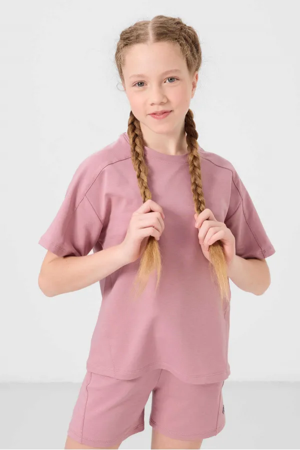 Tommylife Toptan Pamuklu Yumuşak Dokulu Standart Fit Basic Kız Çocuk Şort Takım 75184 Gül Kurusu