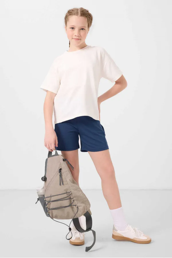 Tommylife Toptan Pamuklu Yumuşak Dokulu Standart Fit Basic Kız Çocuk Şort Takım 75184 Ekru Parlament