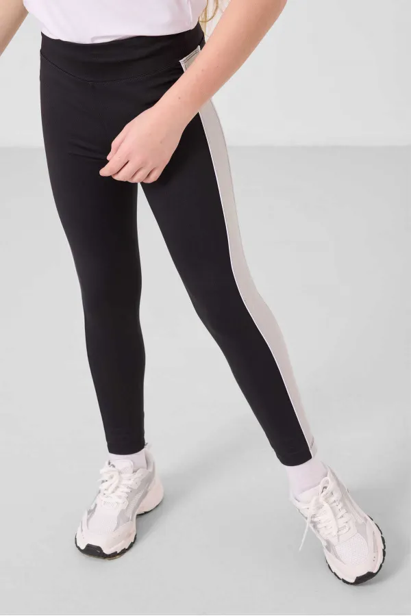 Tommylife Toptan O Yaka Yan Şerit Detaylı Standart Fit Performans Kız Çocuk Tayt Takım 75191 Beyaz Siyah