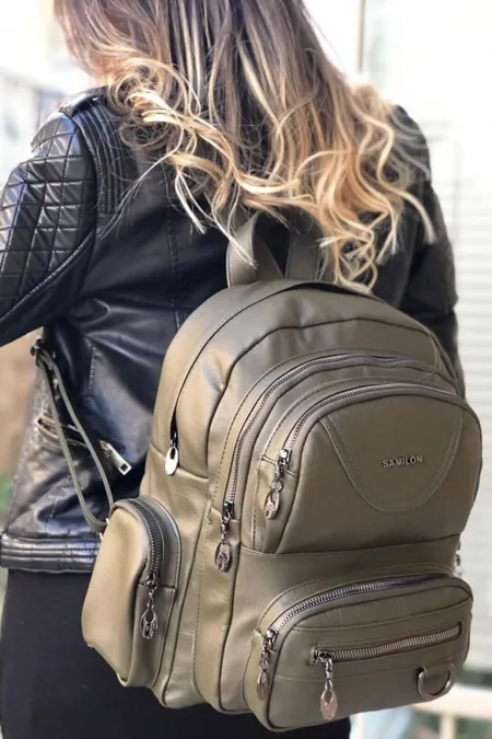 Women's Backpack Khaki Color Washed Leather