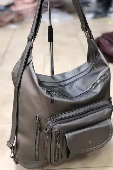 Multi-Compartment Women's Backpack Silver Washable Leather