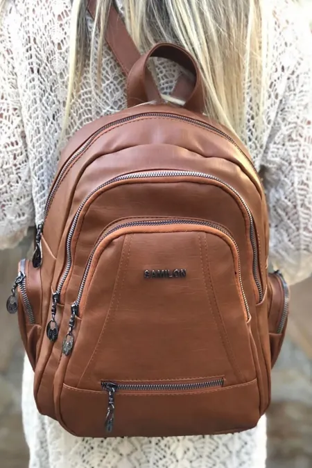Multi-Compartment Women's Backpack Washed Leather Tan Color