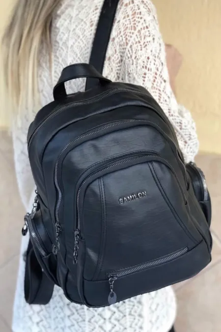 Multi Compartment Women's Backpack Washed Leather Black Color