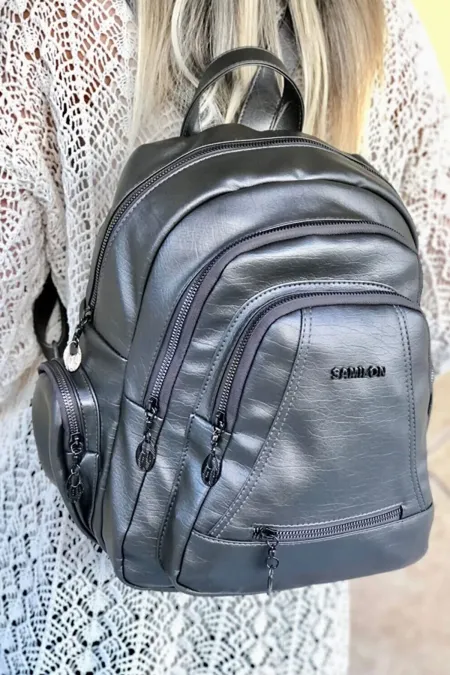 Multi-Compartment Women's Backpack Washed Leather Silver Color