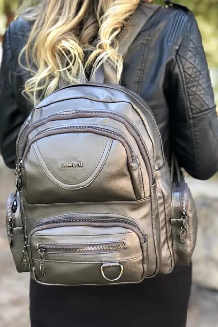 Women's Backpack Silver Washed Leather