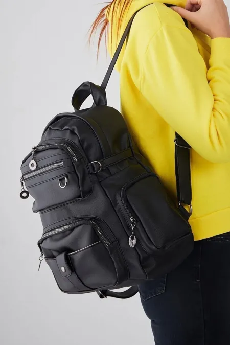 Large Capacity Women's Backpack Washed Leather Black Color