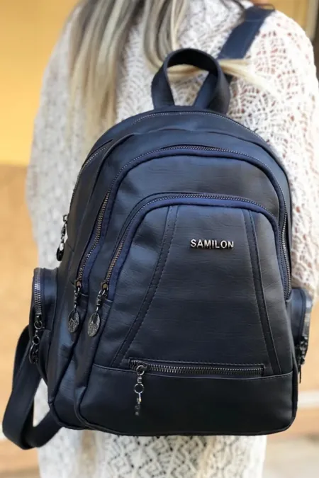 Multi-Eyes Women's Backpack Washed Leather Navy Blue Color